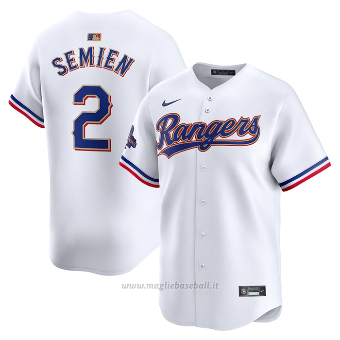 Maglia Baseball Uomo Texas Rangers Marcus Semien 2024 Oro Collection Limited Bianco